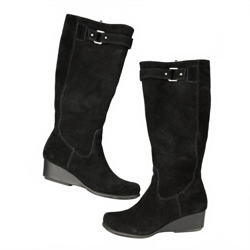Laura Landsdale Black Suede Women's Knee-High Boots Wedge Heel 7M - Picture 1 of 9